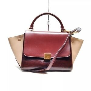 CELINE Trapeze Burgundy Beige Leather handbag w/ Detachable Strap